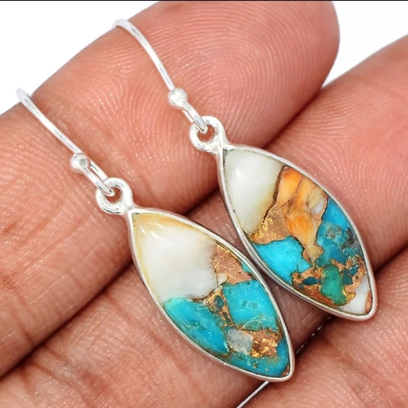 GENUINE Spiny Oyster & Arizona Turquoise 925 Sterling Silver Earrings ar… - Picture 1 of 3